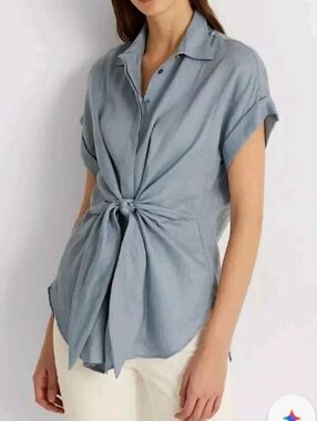 Lauren Ralph Lauren Blue 100% Linen Button Tie Front Blouse Size 1X